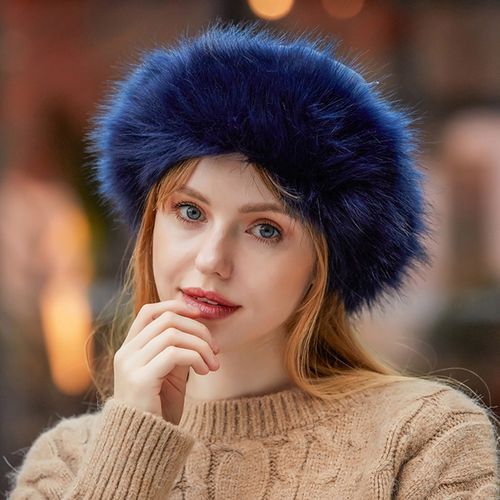 Women Hat Thicken Fluffy Faux Fur Pure Color Coldproof-White