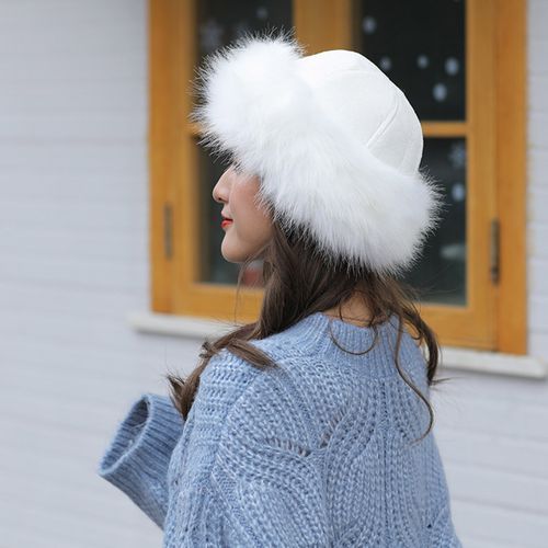Women Hat Thicken Fluffy Faux Fur Pure Color Coldproof-White