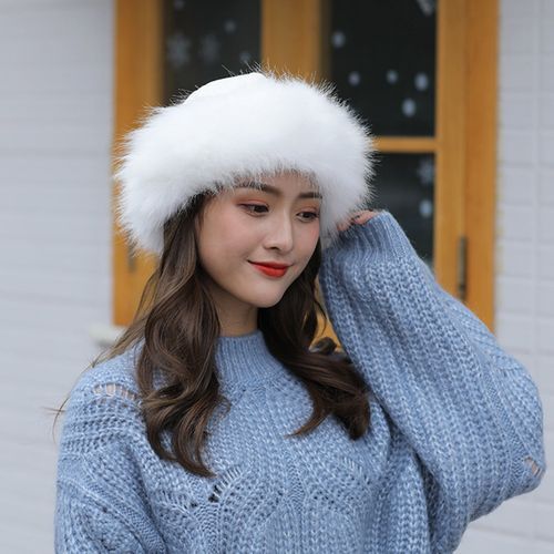 Women Hat Thicken Fluffy Faux Fur Pure Color Coldproof-White