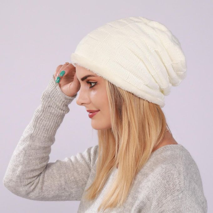 Beanie Hat Pleats Ear Protection Men Women Coldproof-White