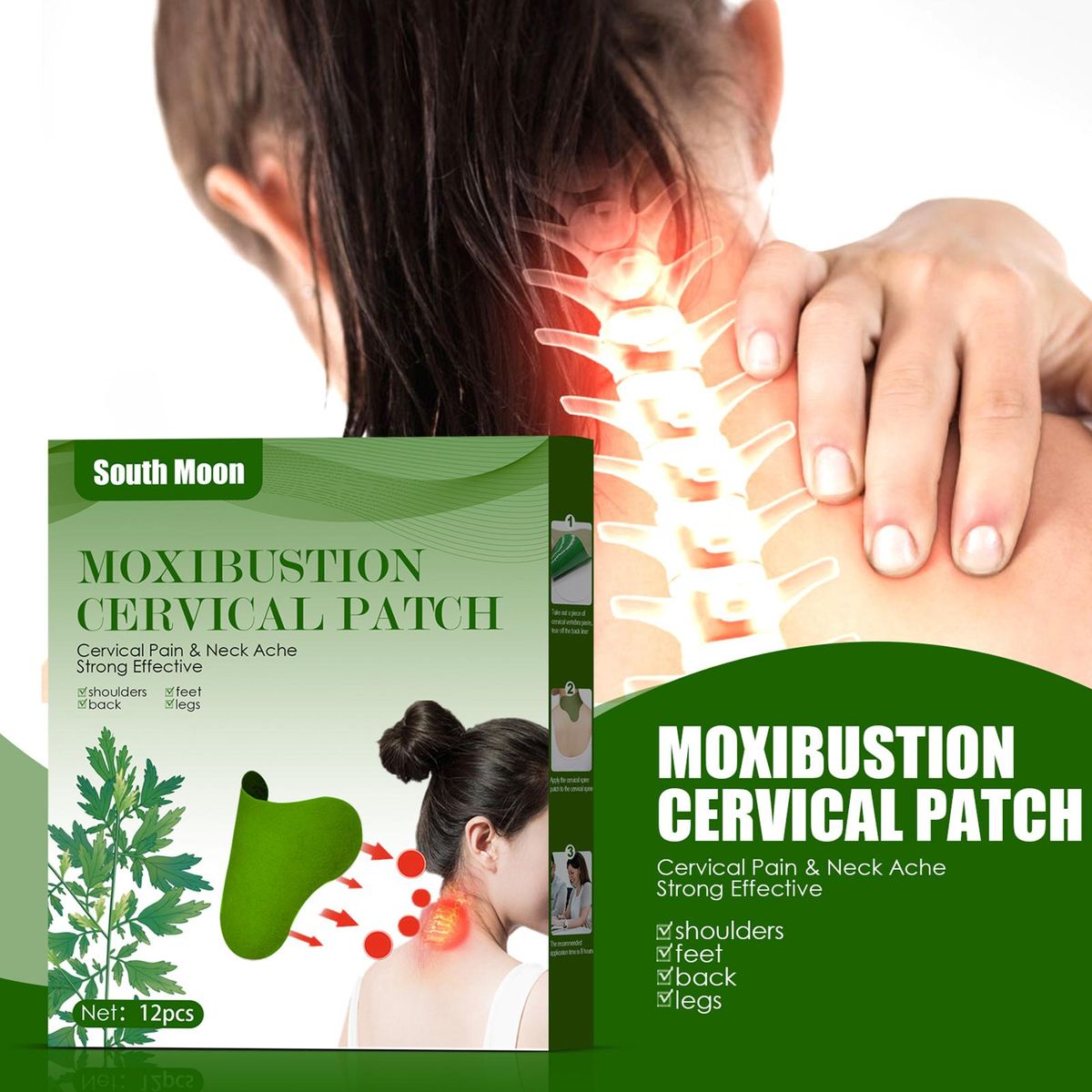 South Moon 12Pcs Non-woven Fabric Moxibustion Cervical Patches Cervical Pain Neck Ache Strong Effective for Shoulders Feet Back Legs
