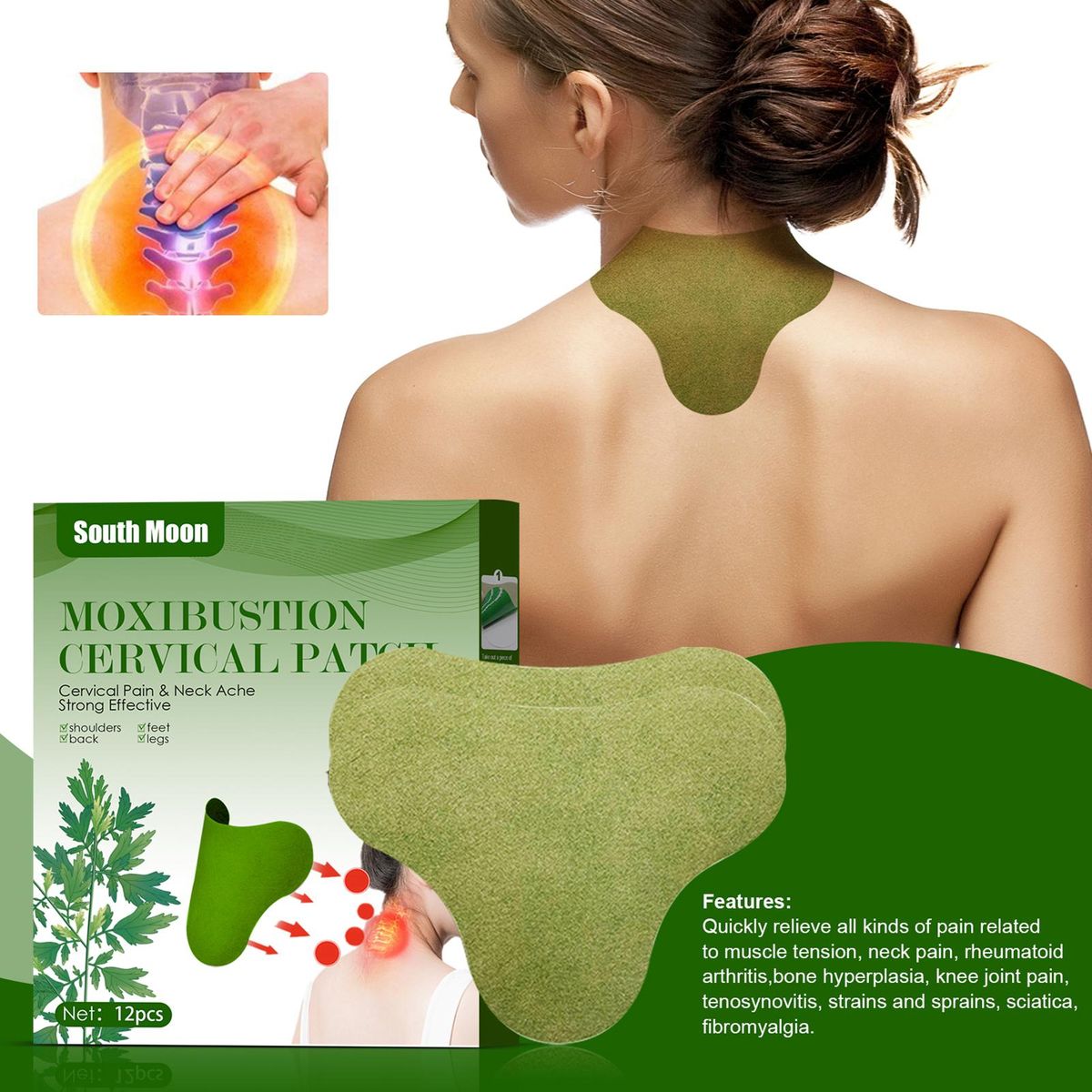 South Moon 12Pcs Non-woven Fabric Moxibustion Cervical Patches Cervical Pain Neck Ache Strong Effective for Shoulders Feet Back Legs