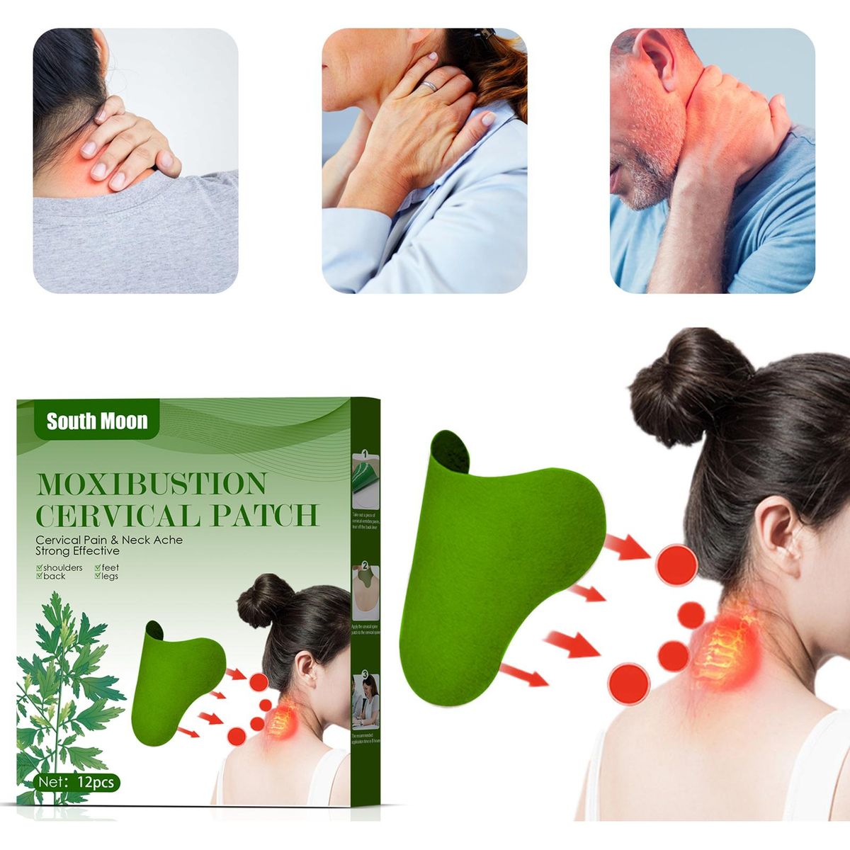 South Moon 12Pcs Non-woven Fabric Moxibustion Cervical Patches Cervical Pain Neck Ache Strong Effective for Shoulders Feet Back Legs