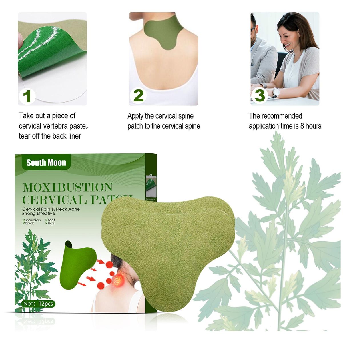 South Moon 12Pcs Non-woven Fabric Moxibustion Cervical Patches Cervical Pain Neck Ache Strong Effective for Shoulders Feet Back Legs