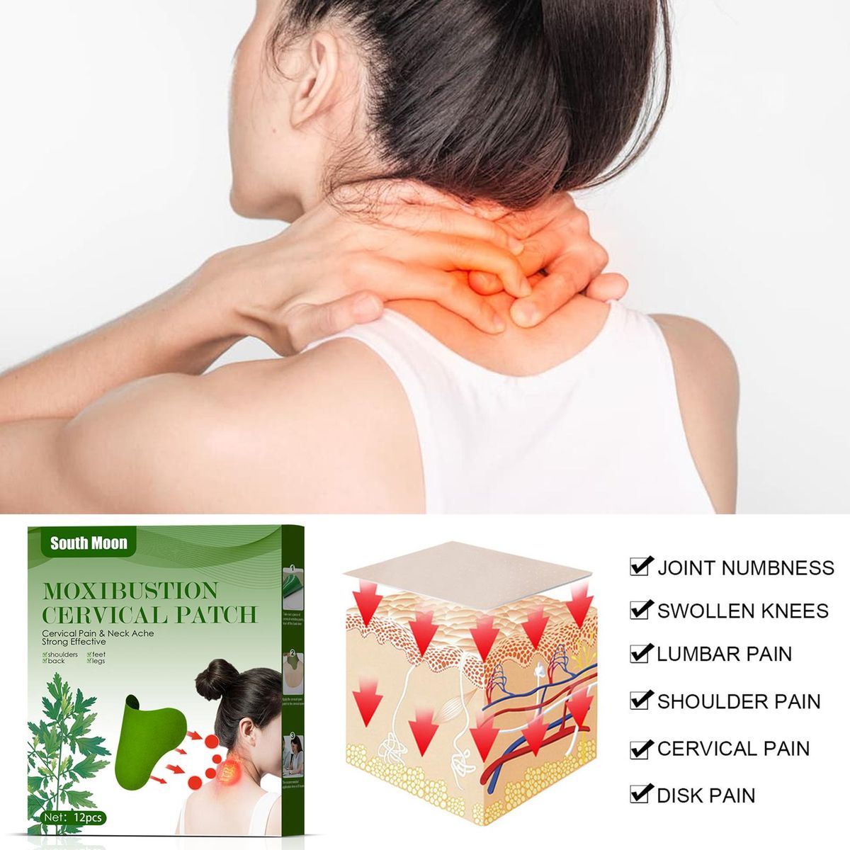 South Moon 12Pcs Non-woven Fabric Moxibustion Cervical Patches Cervical Pain Neck Ache Strong Effective for Shoulders Feet Back Legs