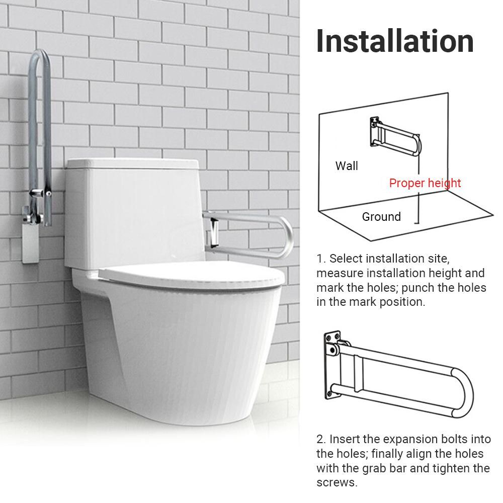 Aluminum Alloy Handrail for Toilet Anti-Fall / Anti-Slip Bathroom Handrail Flip-Up Safety Handrail Screw-In Safety Grab Bar Handle Home Health Care Equipment for Elderly Disabled (without Black Sponge Cover)
