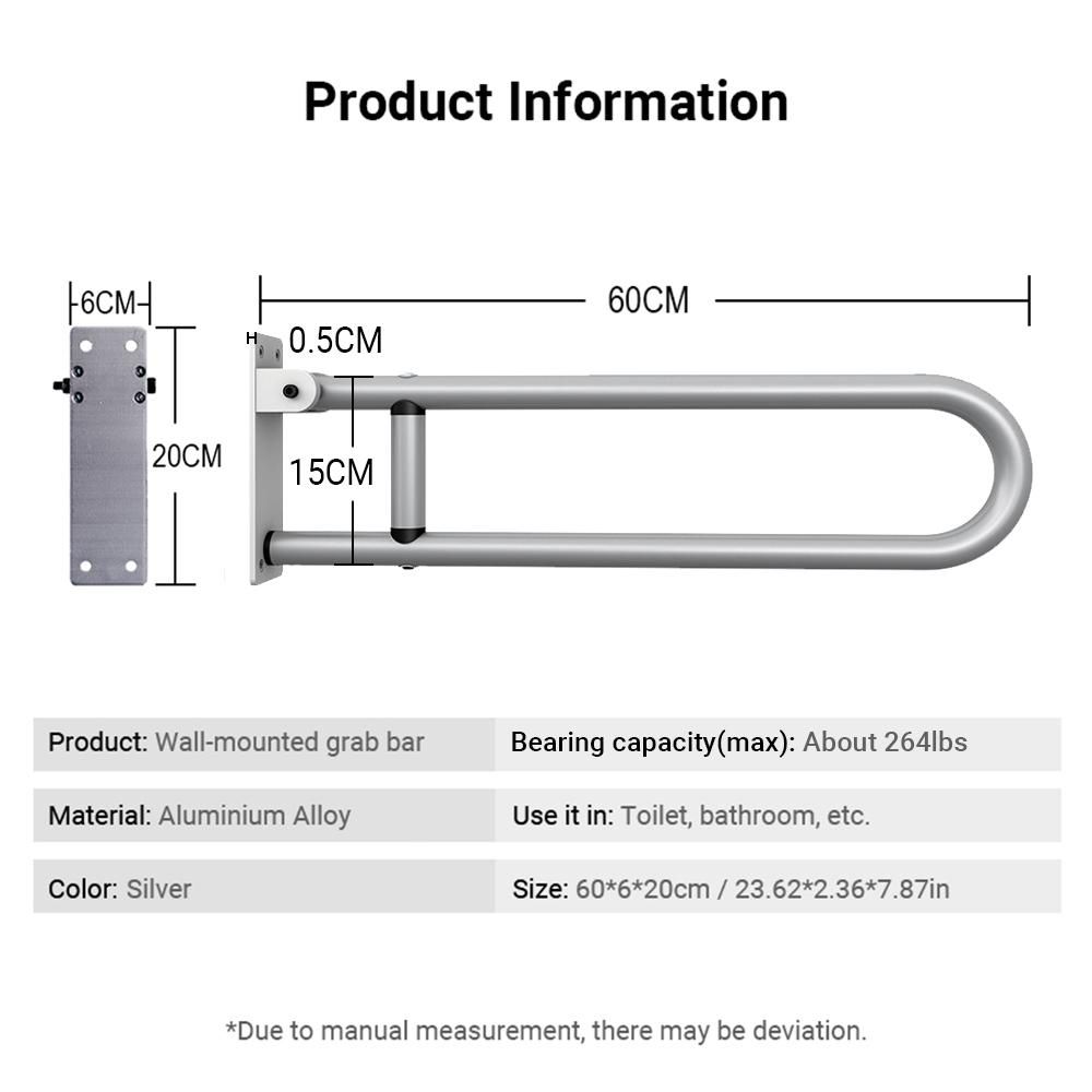 Aluminum Alloy Handrail for Toilet Anti-Fall / Anti-Slip Bathroom Handrail Flip-Up Safety Handrail Screw-In Safety Grab Bar Handle Home Health Care Equipment for Elderly Disabled (without Black Sponge Cover)