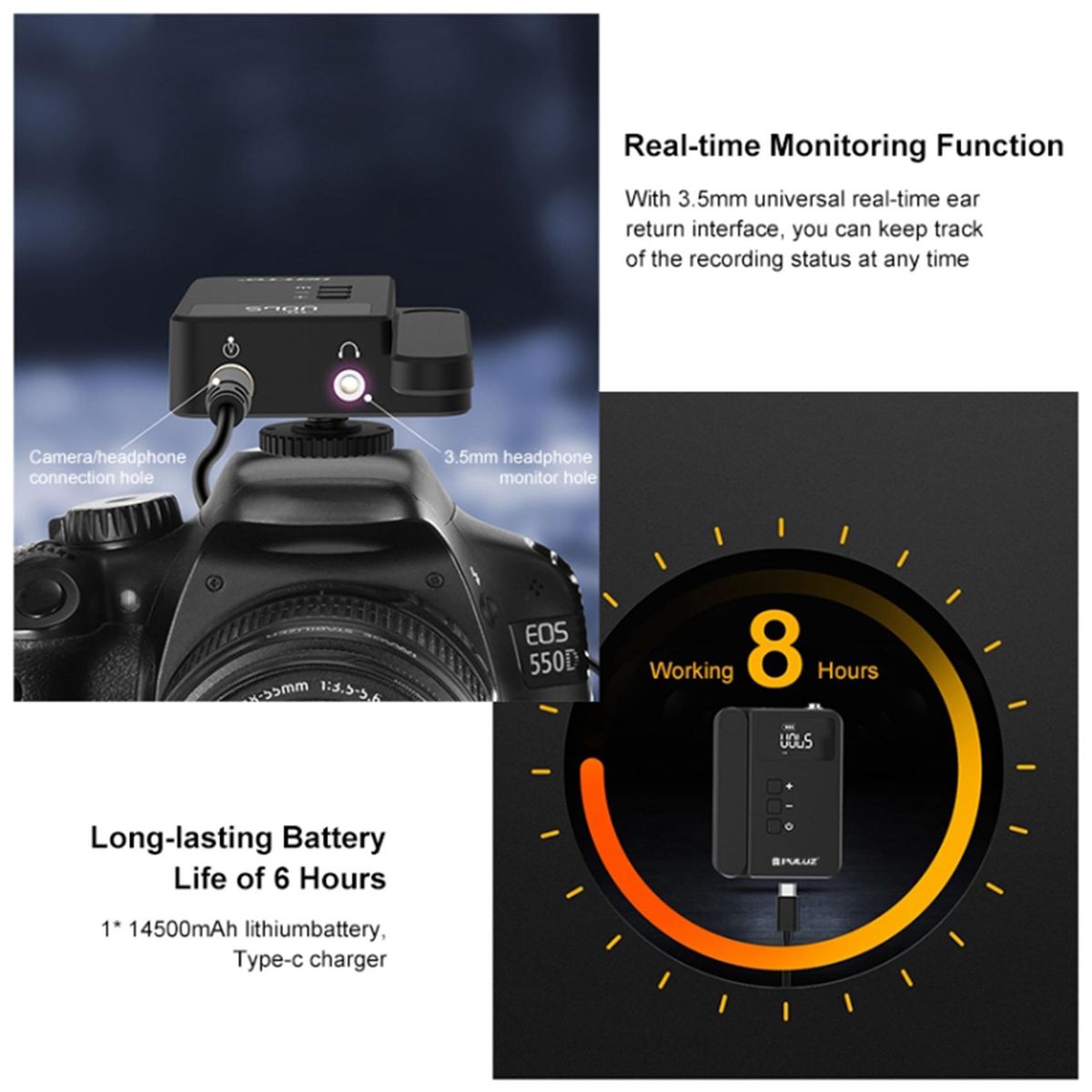 PULUZ Dual-Channel Wireless Microphone System with Transmitter and Receiver for DSLR Cameras and Video Cameras Black)