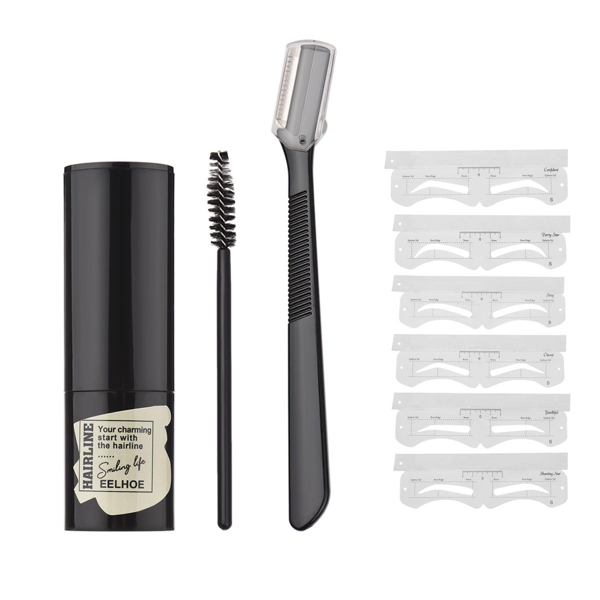 Eyebrow Hairline Stamp Kit One Step Eyebrow Stencil Kit Ddfiner with Eyebrow Brush Trimmer 6-Piece Reusable Eyebrow Stencils & Headband