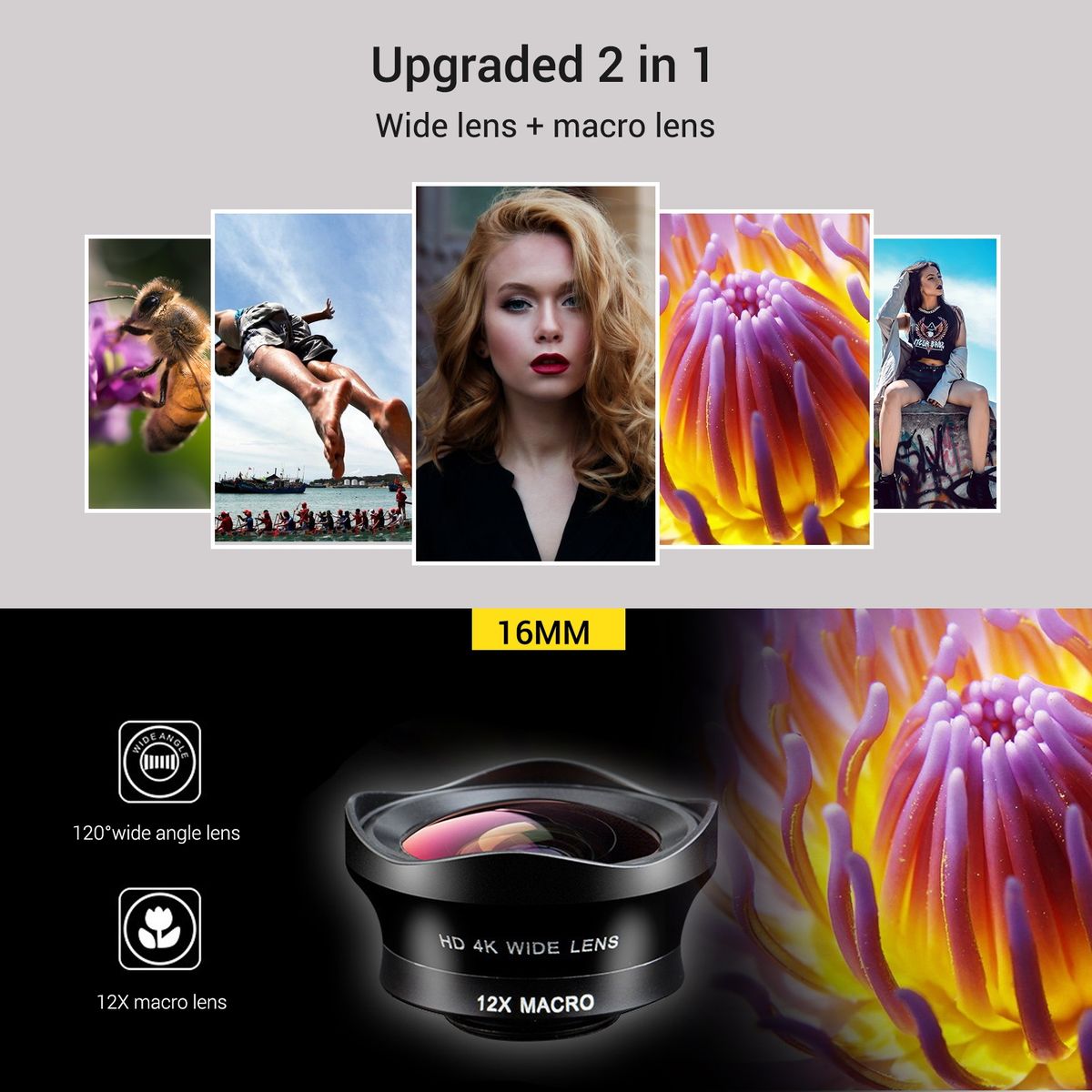 Two In One 16mm Wide Lens + 12X Macro Lens Set Clip-on Phone
