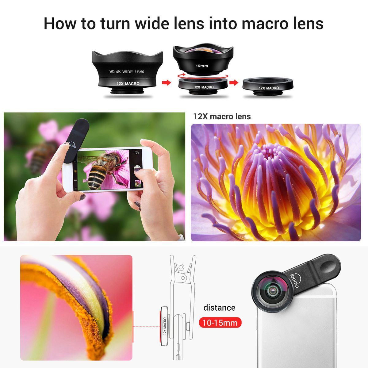 Two In One 16mm Wide Lens + 12X Macro Lens Set Clip-on Phone