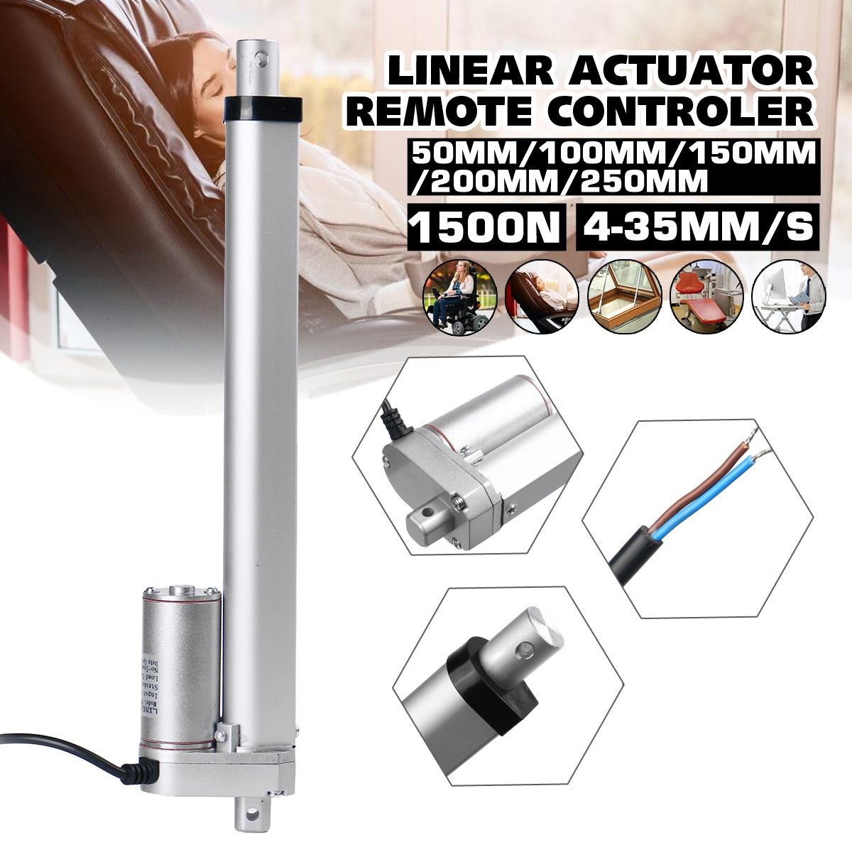 12V 1500N 100/150/250mm Electric Linear Actuator Adjustable DC Linear Motor Window Pusher
