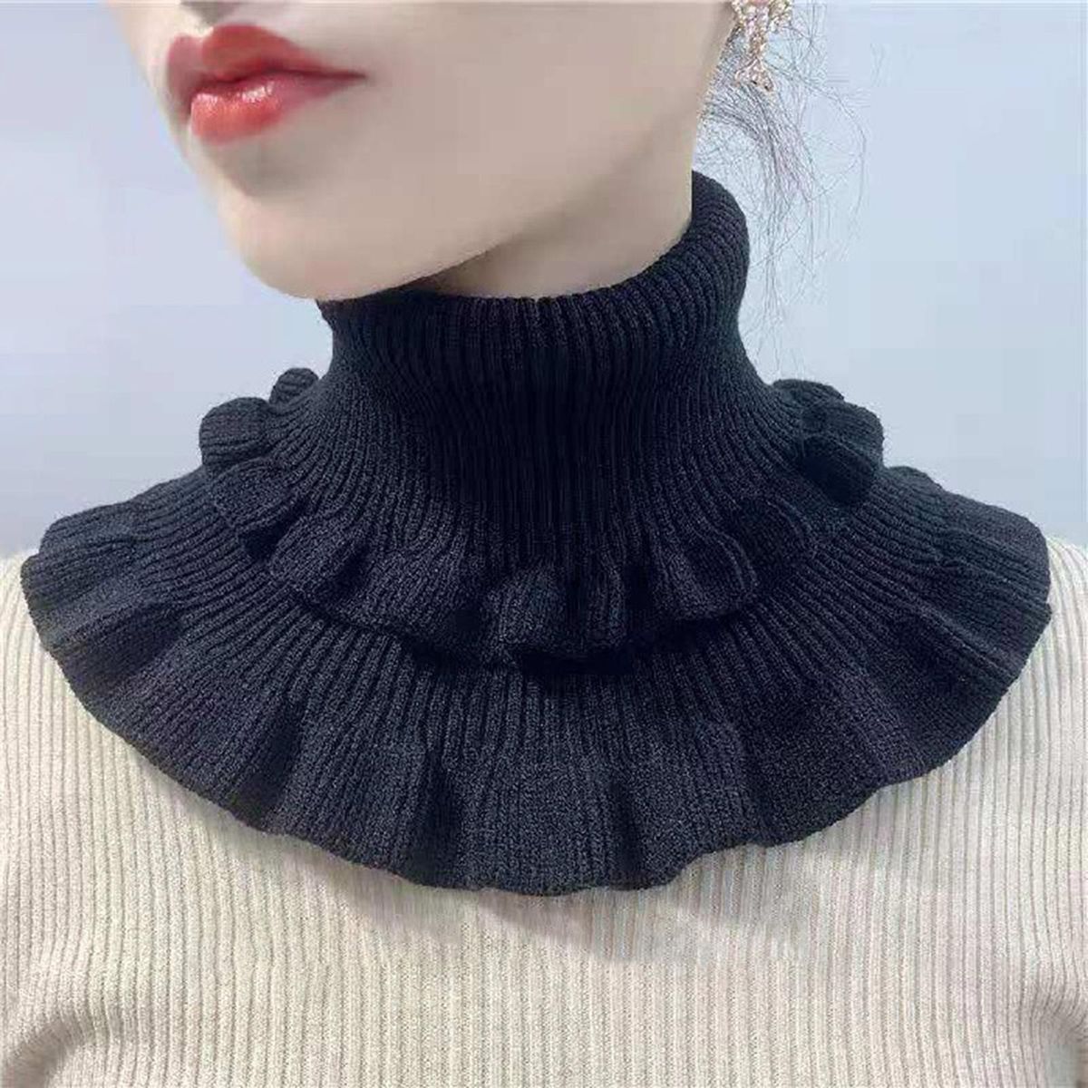 Autumn Winter Women Fake Collar Ruffles Turtleneck-Black