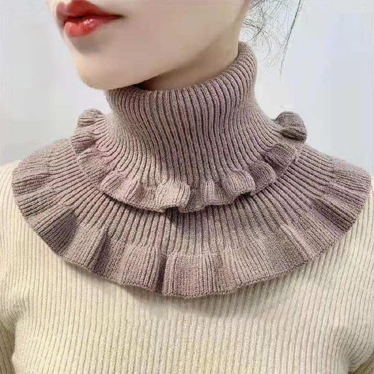 Autumn Winter Women Fake Collar Ruffles Turtleneck-Khaki