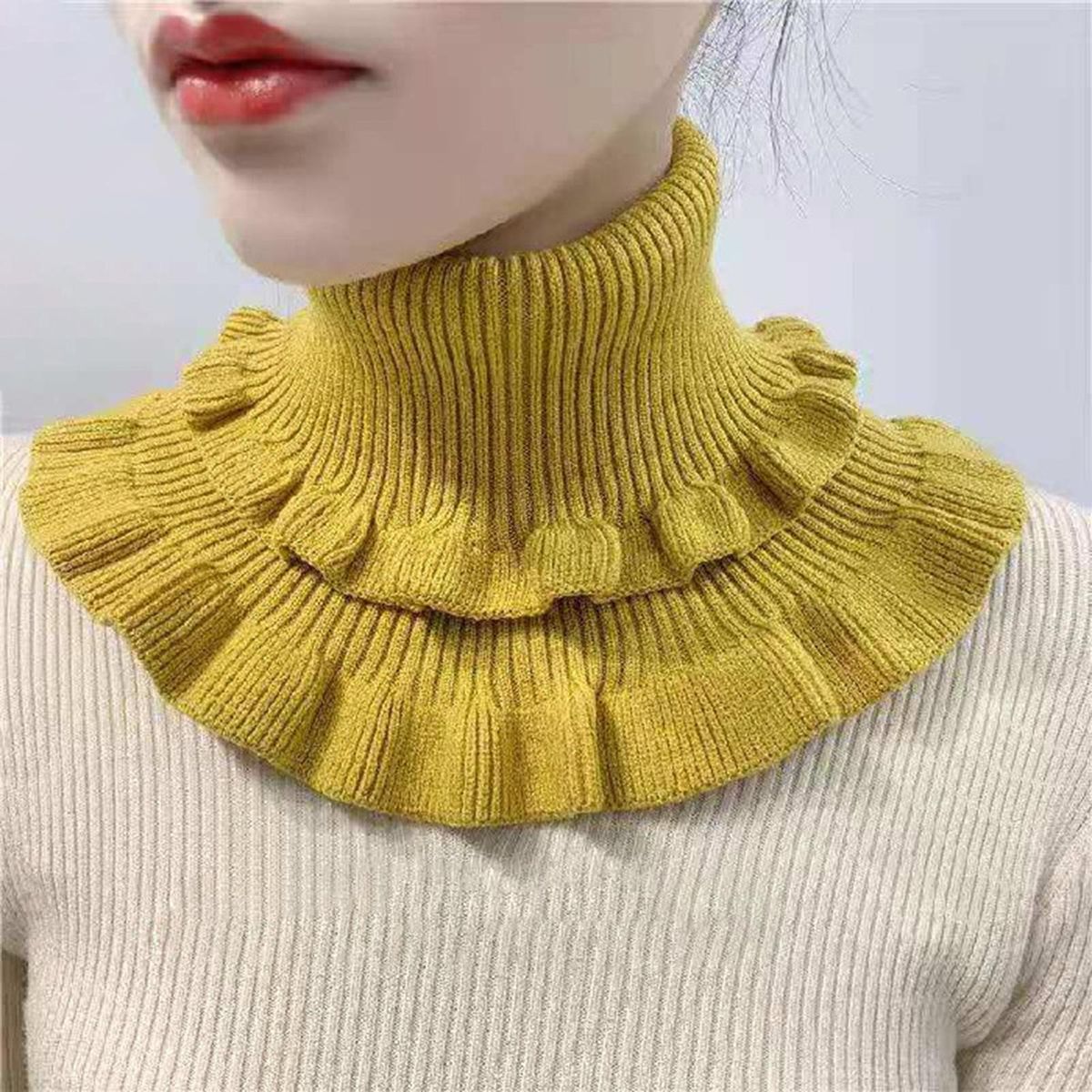 Autumn Winter Women Fake Collar Ruffles Turtleneck-Yellow