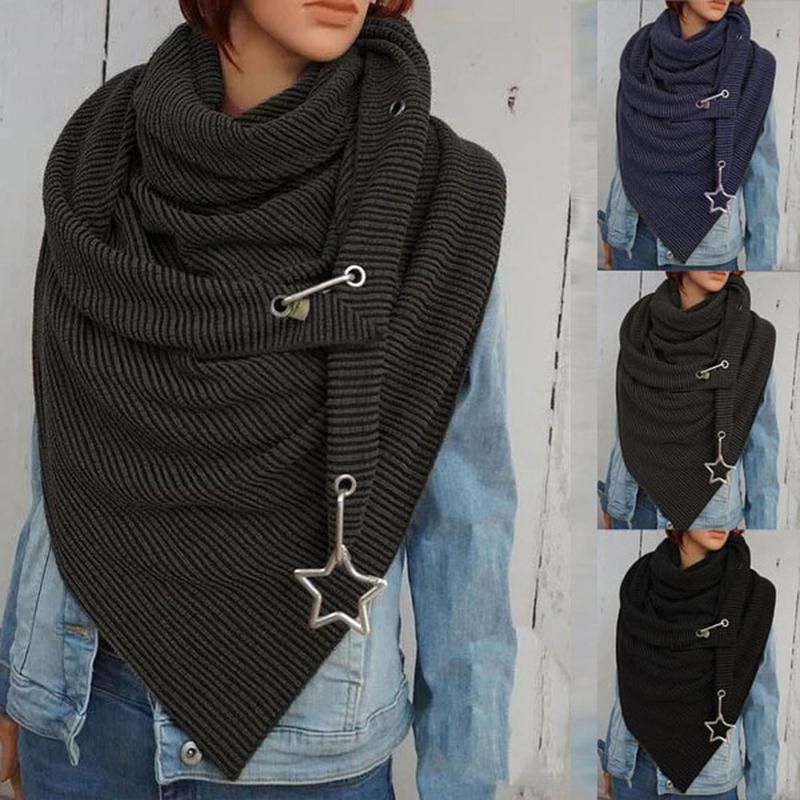 Women Autumn Winter Solid Color Button Star Soft Wrap-Black