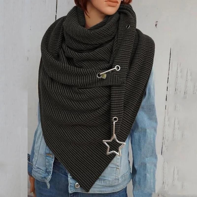 Women Autumn Winter Solid Color Button Star Soft Wrap-Black