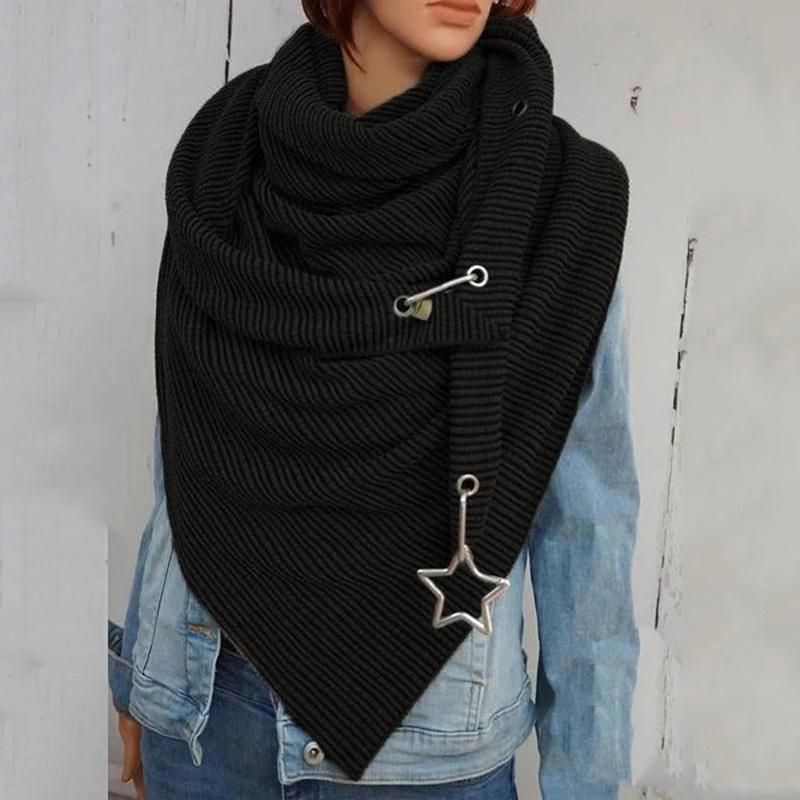 Women Autumn Winter Solid Color Button Star Soft Wrap-Black