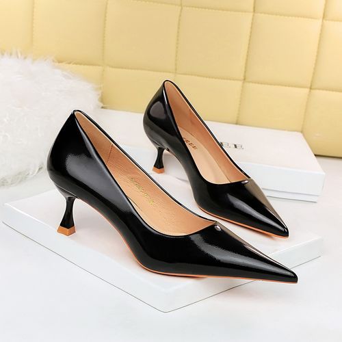 Low Heels Ladies Pumps Shiny Patent Leather Women Shoes Black