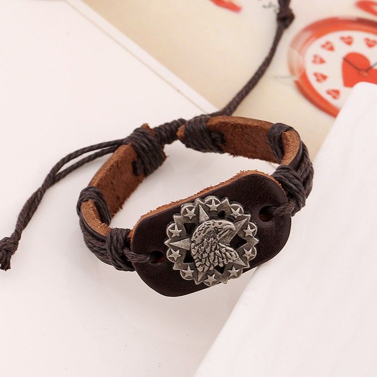 Vintage Cowhide Hand-woven Alloy Eagle Head Bracelet