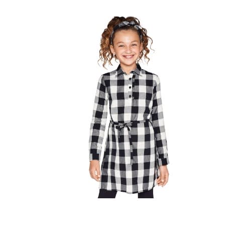 Girls Buffalo Plaid Box Shirt Dress- Black And White