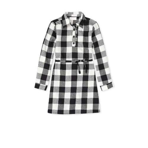 Girls Buffalo Plaid Box Shirt Dress- Black And White