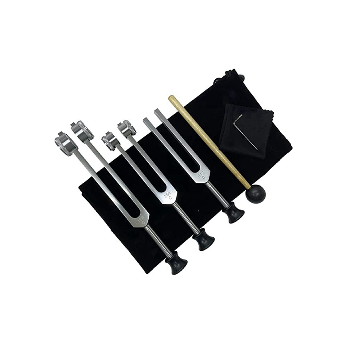 Tuning Fork Set 128Hz 256Hz 512Hz for Therapy with Silicone Hammer Repair Tool Cleaning Cloth and Storage Bag