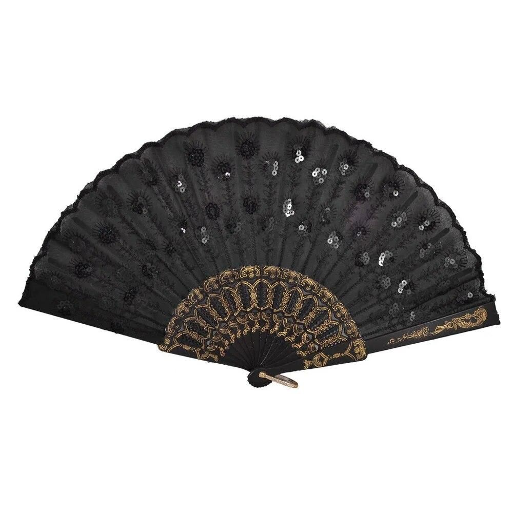 Hot Sale Black Plastic Frame Embroidery Floral Detail Folding Hand Fan