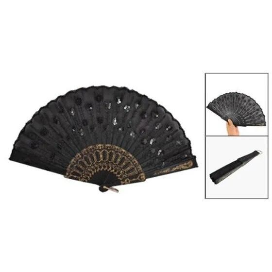 Hot Sale Black Plastic Frame Embroidery Floral Detail Folding Hand Fan