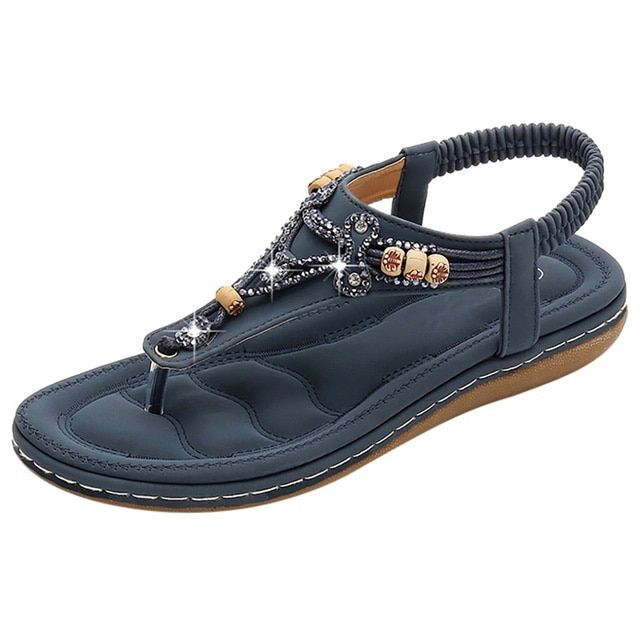 Bohemia Women Ladies Fashion Crystal Bead Flat Slipper Sandals Casual Sexy High Quality Outsid Ladies Shoes Med (3cm-5cm)
