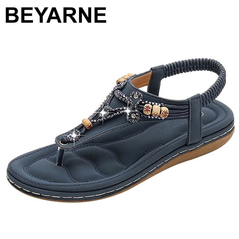 Bohemia Women Ladies Fashion Crystal Bead Flat Slipper Sandals Casual Sexy High Quality Outsid Ladies Shoes Med (3cm-5cm)