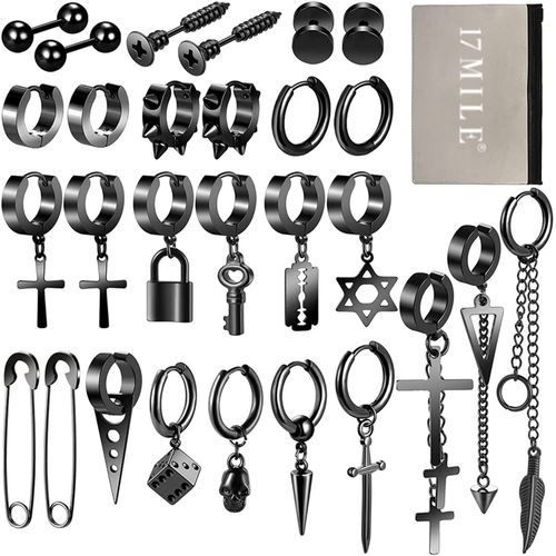 Black Cross Earrings For Men, 28 Pieces Stainless Steel Long