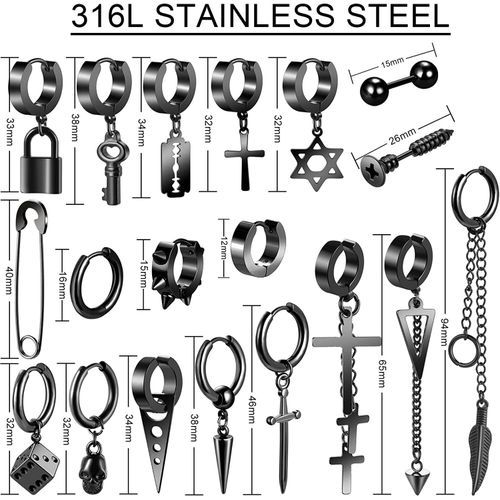 Black Cross Earrings For Men, 28 Pieces Stainless Steel Long