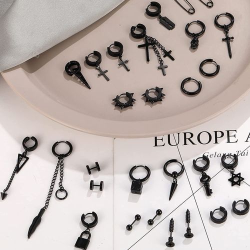 Black Cross Earrings For Men, 28 Pieces Stainless Steel Long