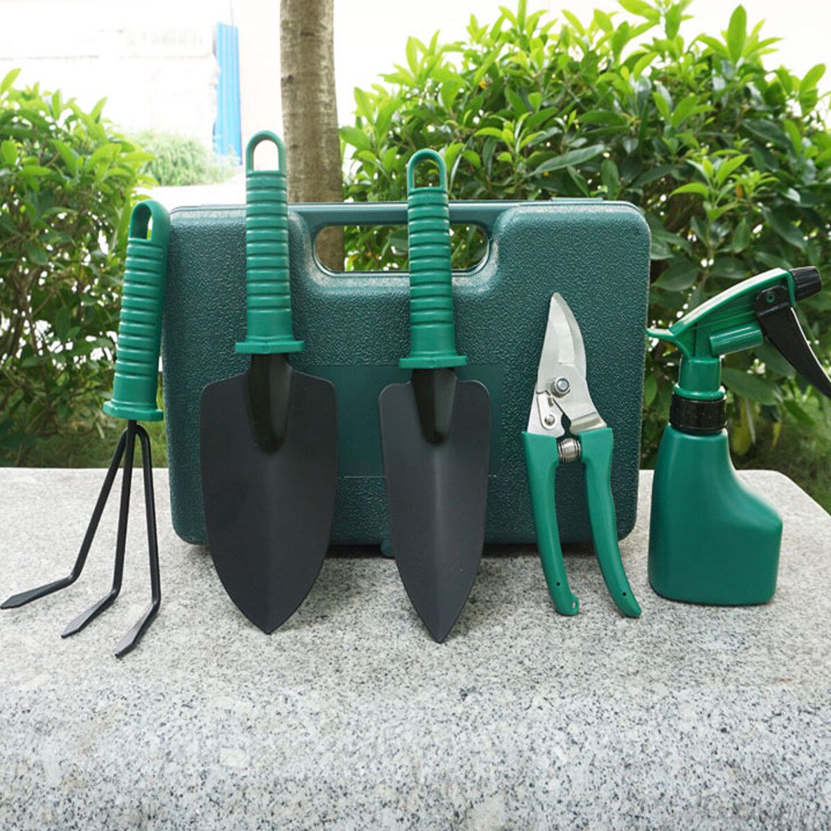 5PCS Garden Tool Set Grafting Pruning Shovel Rake Weeding Harrow Spray Bottle With Storage Box Antique White