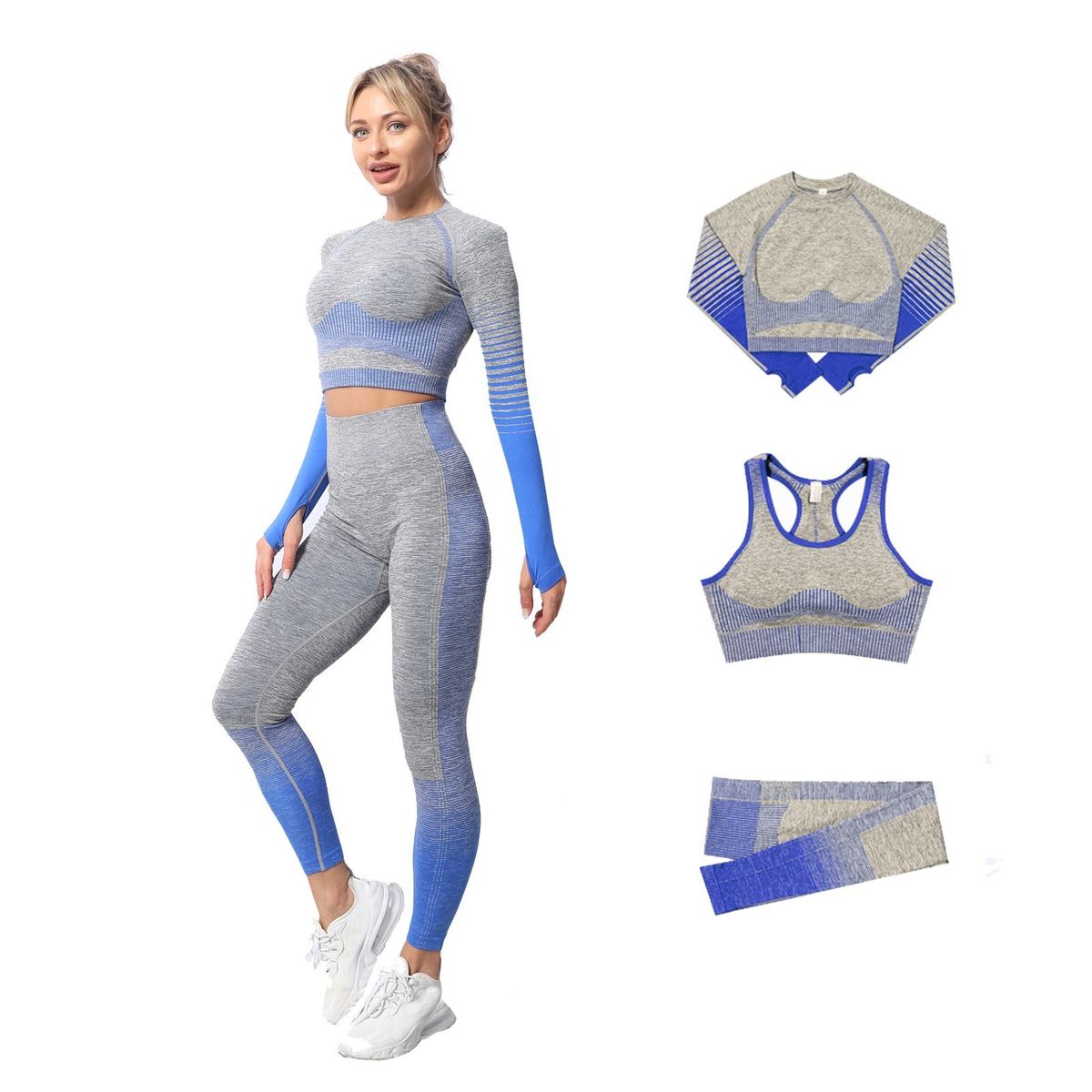 3Pcs Women Yoga Suit Seamless Sportswear Sets Long Sleeve