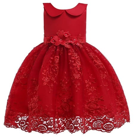 V Neck Collar Studded Lace Princess Dress- Red
