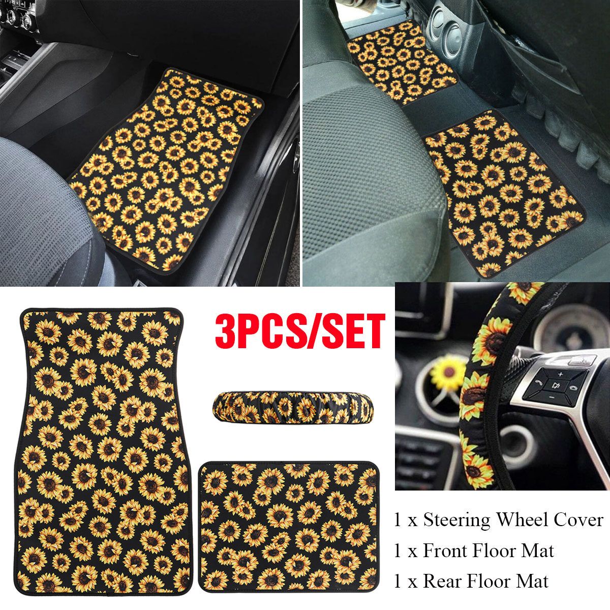 3PCS Universal Car Foot Floor Protector Mats Front Rear + Steering Wheel Cover