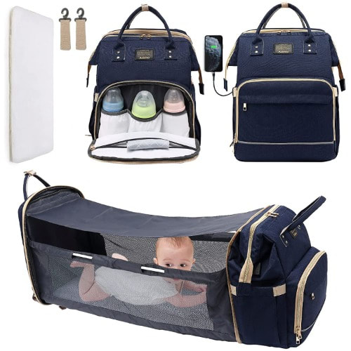 3 In 1 Diaper Bag & Baby Crib Backpack Foldable Nappy Mommy Bags With External