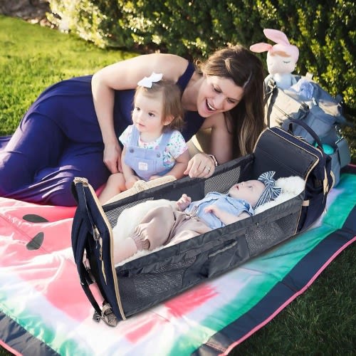 3 In 1 Diaper Bag & Baby Crib Backpack Foldable Nappy Mommy Bags With External