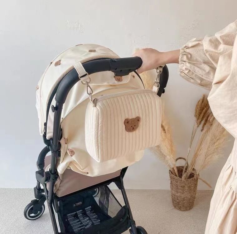 （Bear2）Portable Pure Cotton Zipper Embroidery Mother Bag Baby Stroller Bag Mom Storage Bag For Baby Car Stroller Accessories 2022 New RA