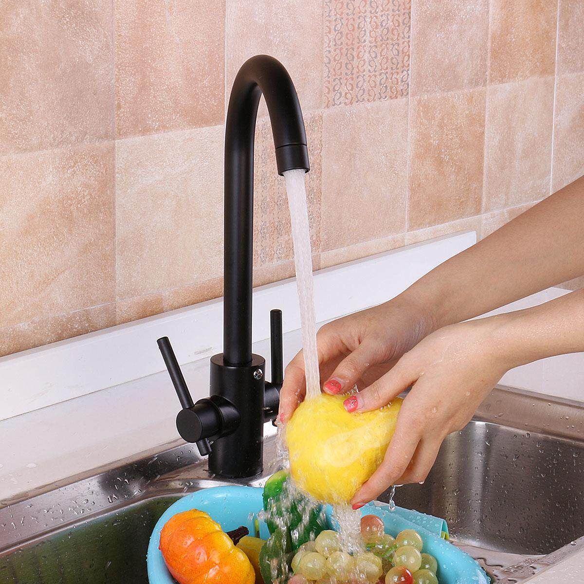 Double Handles Hot/Cold Mixer Water Tap Basin Kitchen Sink Bathroom Black Faucet