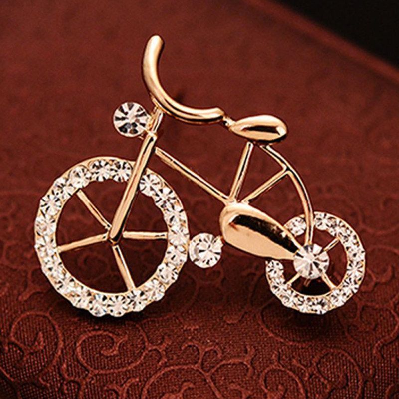 Alloy Rhinestone Inlaid Bicycle Brooch Pin-Golden