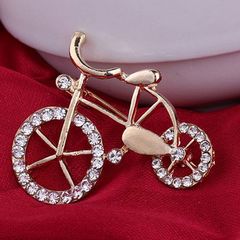 Alloy Rhinestone Inlaid Bicycle Brooch Pin-Golden