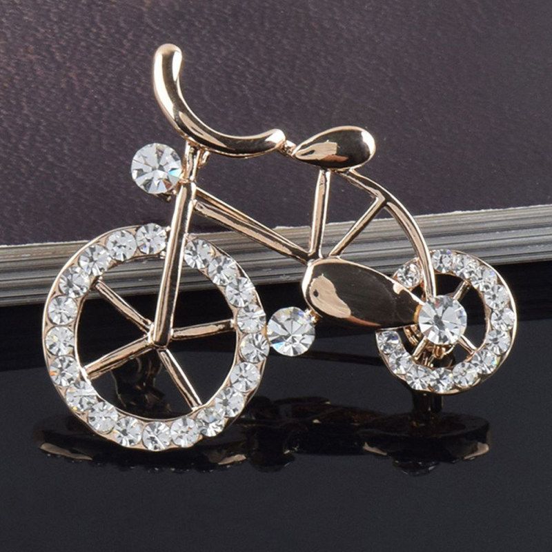 Alloy Rhinestone Inlaid Bicycle Brooch Pin-Golden