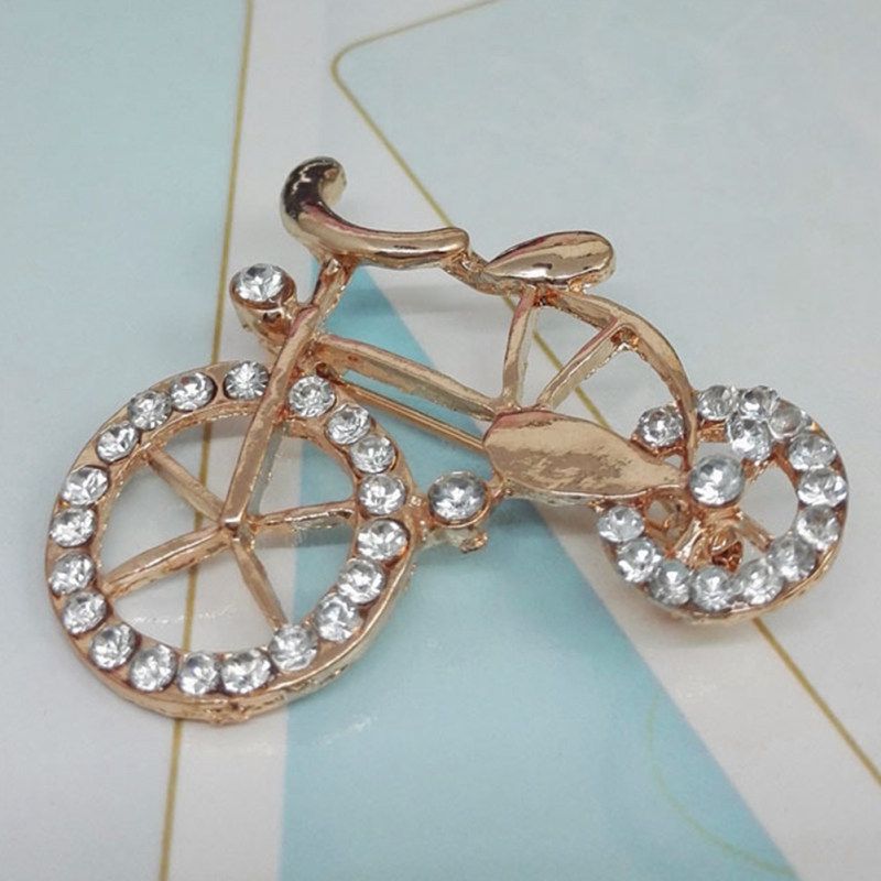 Alloy Rhinestone Inlaid Bicycle Brooch Pin-Golden