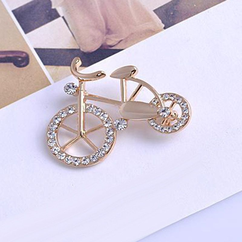 Alloy Rhinestone Inlaid Bicycle Brooch Pin-Golden