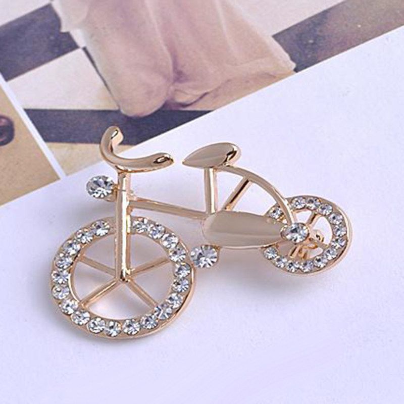 Alloy Rhinestone Inlaid Bicycle Brooch Pin-Golden
