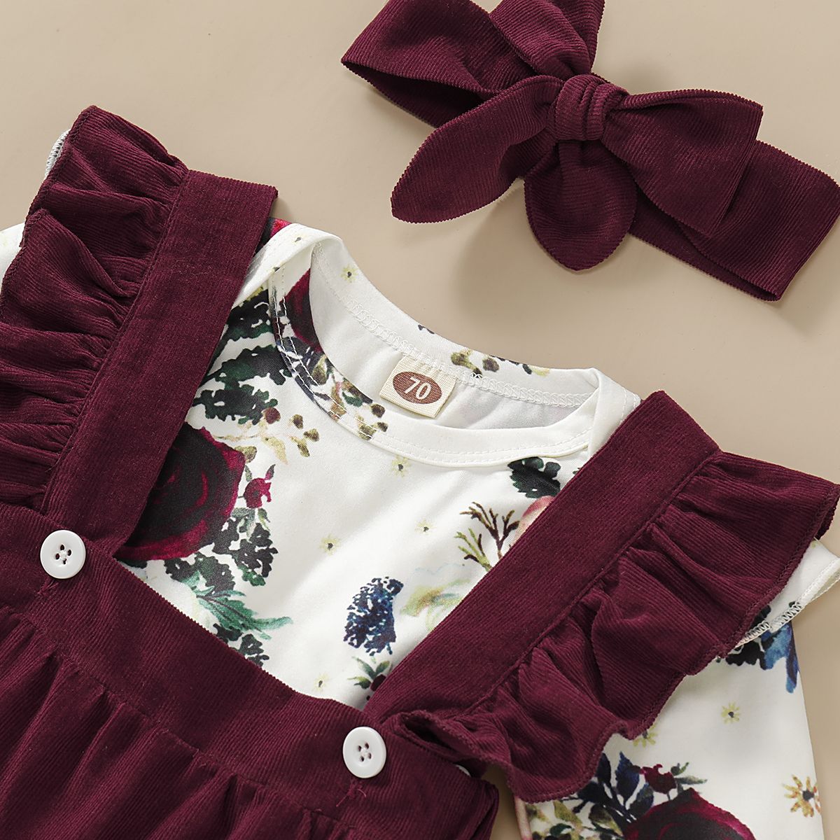 Newborn Baby Dress Set Floral Long Sleeve Bodysuit + Suspender Skirt + Headband