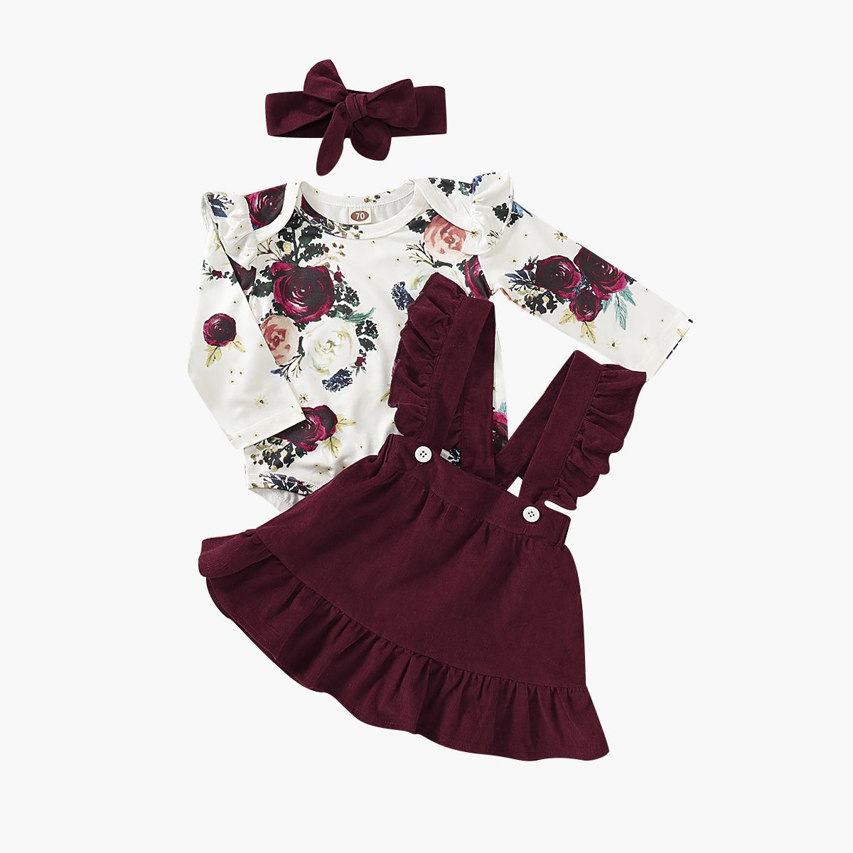 Newborn Baby Dress Set Floral Long Sleeve Bodysuit + Suspender Skirt + Headband